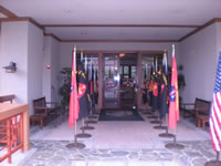 Flags outside a building entrance